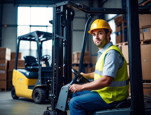 A photo of industrial worker working and driving forklift at warehouse aig