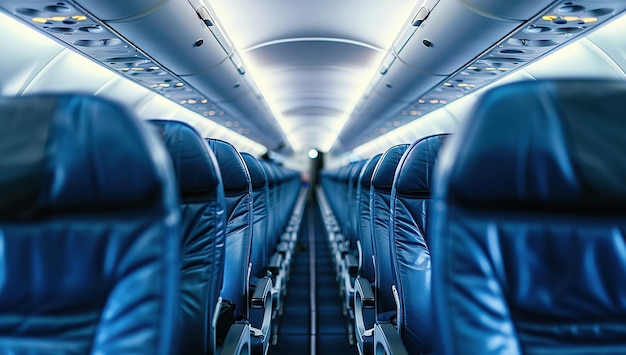 Photo a photo of the interior of an airplane with blue seats and a white ceiling