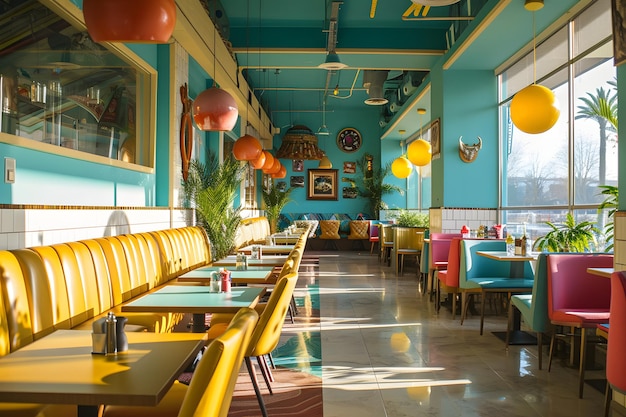 Photo of the interior of a colorfully decorated restaurant