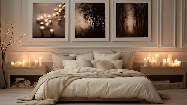 Photo interior design with photoframes and bed