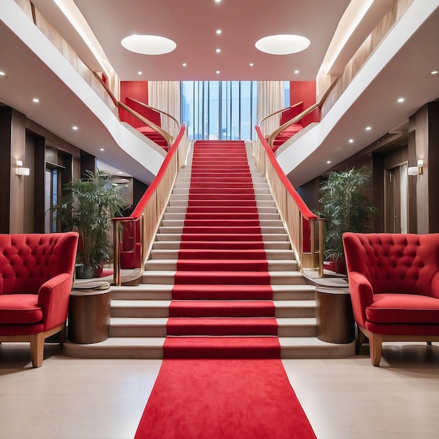 photo interior scene of hotel stairs covered with red carpet