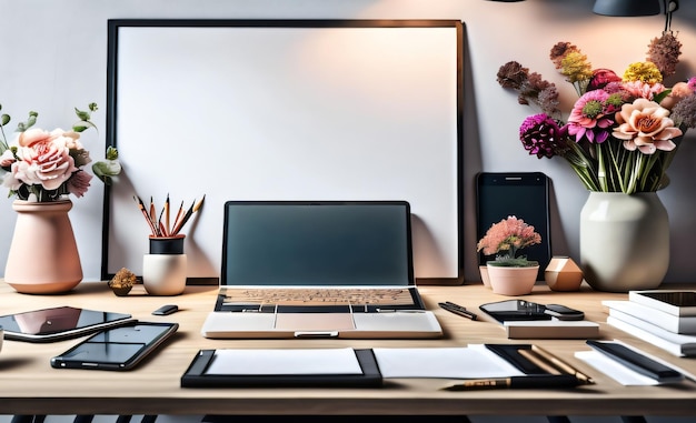 Photo interior wall with flower vase with laptop smartphone on work table