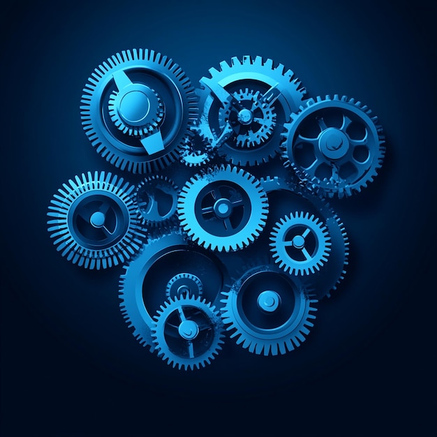 Photo of interlocking blue mechanical gears blue cogs in a complex system