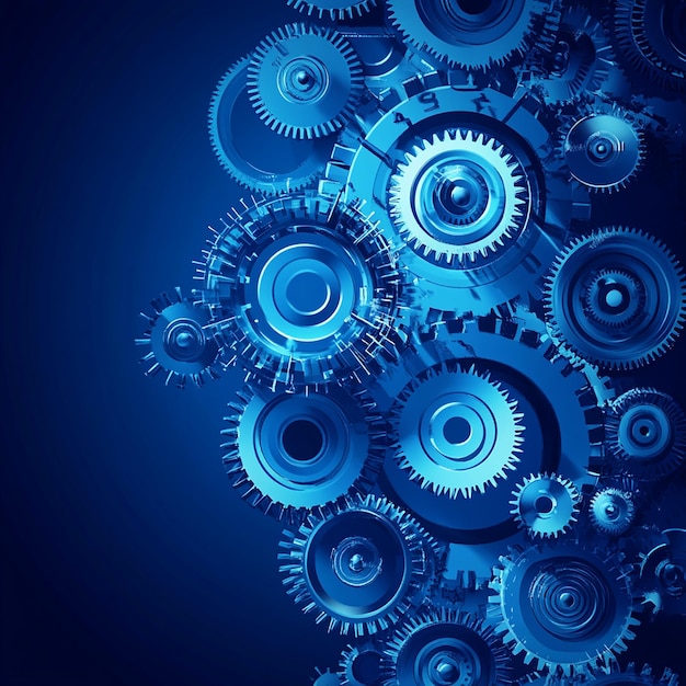 Photo of interlocking blue mechanical gears blue cogs in a complex system