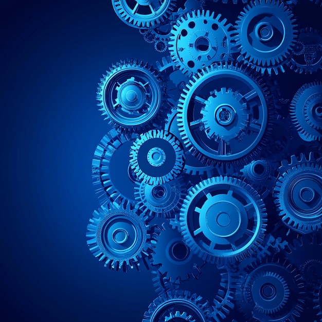 Photo of interlocking blue mechanical gears blue cogs in a complex system