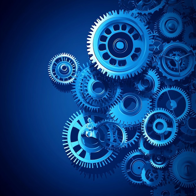 Photo of interlocking blue mechanical gears blue cogs in a complex system