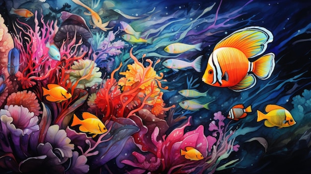 a photo intricate watercolor composition depicting a variety of tropical fish in a vibrant coral reef ecosystem