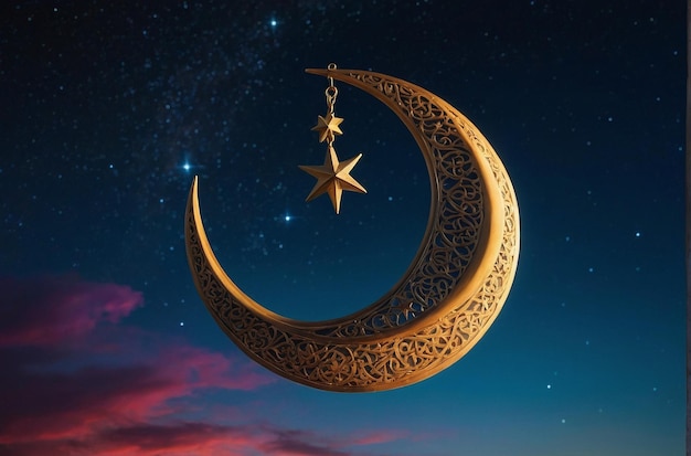 Photo Islamic crescent moon and star against a vibrant sky