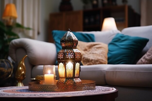 Photo photo of islamic decorative lamps and burning candles on the table