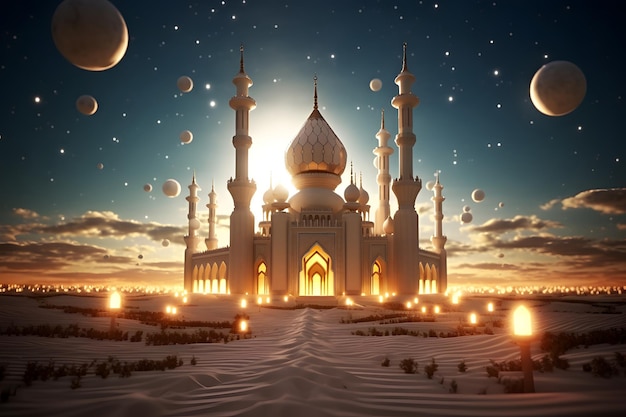 Photo Islamic Mosque in the evening with sunlight background Islamic New Year