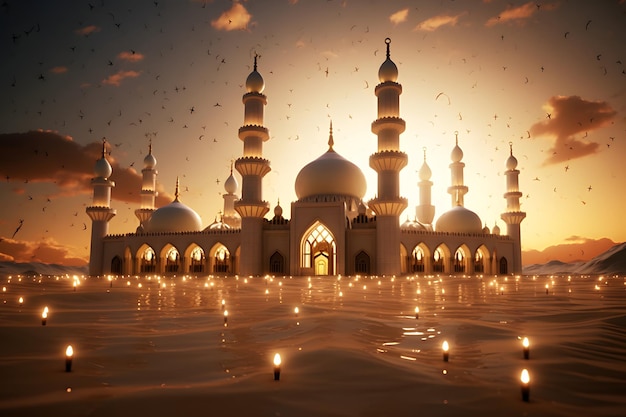 Photo Islamic Mosque in the evening with sunlight background Islamic New Year