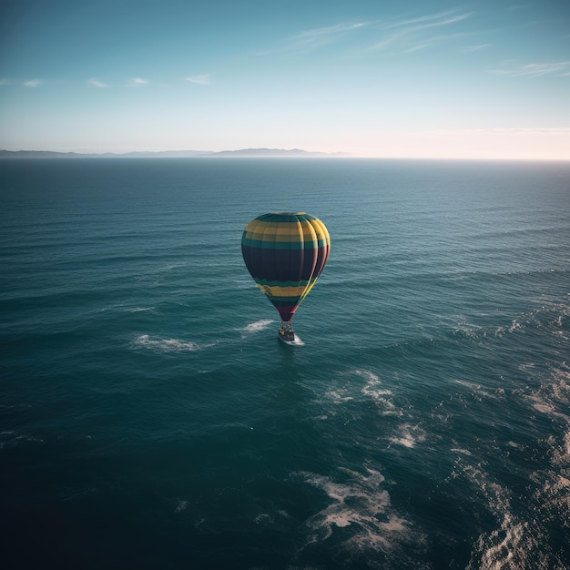 Photo Isolated hot air balloon hovering over the vast ocean