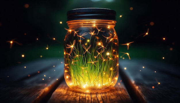 Photo photo of a jar of fireflies sitting on a picnic table