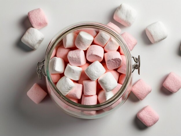 Photo jar of sweet puffy marshmallows isolated on white top view