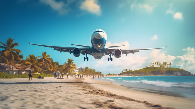 Photo of a jetliner flying over a beautiful sandy beach