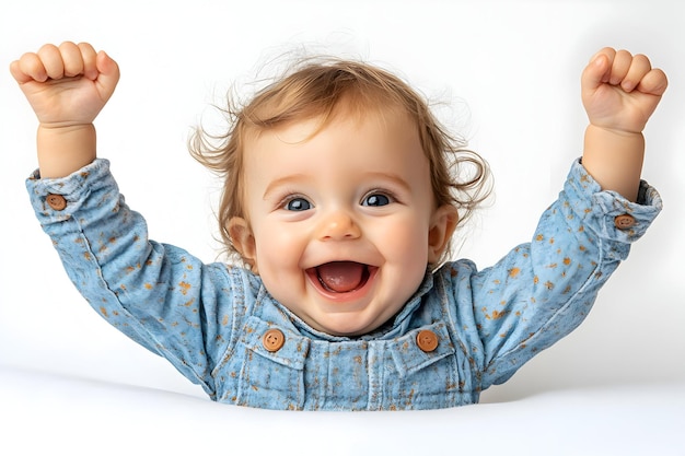 Photo photo joyful baby girl in denim with raised arms smiling