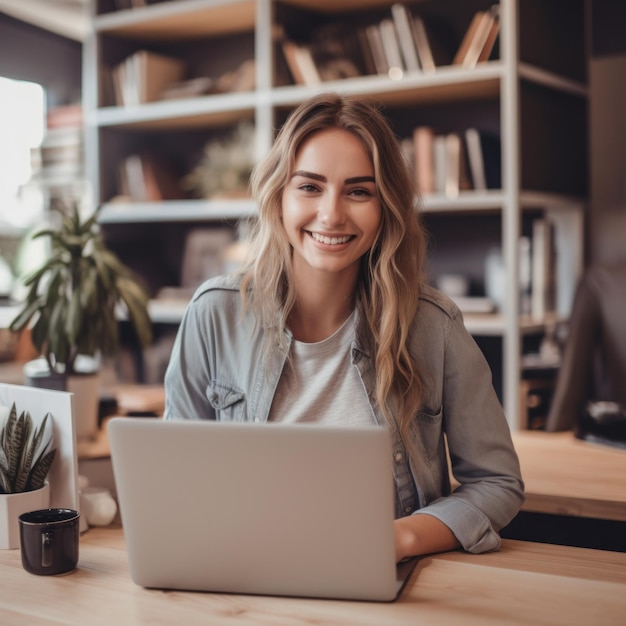 Photo of joyful nice woman using laptop Beautiful Businesswoman typing on laptop Generative AI