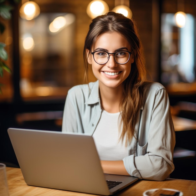 Photo of joyful nice woman using laptop Beautiful Businesswoman typing on laptop