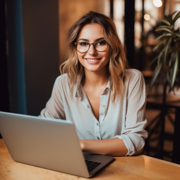 Photo of joyful nice woman using laptop Beautiful Businesswoman typing on laptop