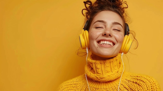 Photo of a Joyful Woman Immersed in Music on a Vibrant Yellow Background