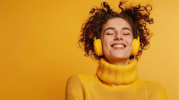 Photo of a Joyful Woman Immersed in Music on a Vibrant Yellow Background