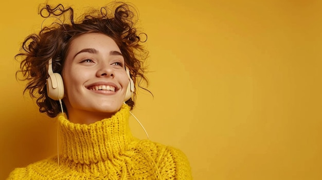 Photo of a Joyful Woman Immersed in Music on a Vibrant Yellow Background