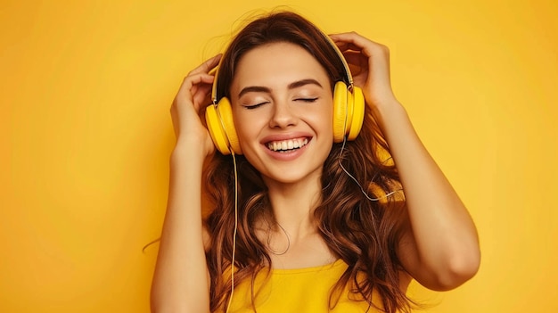 Photo of a Joyful Woman Immersed in Music on a Vibrant Yellow Background