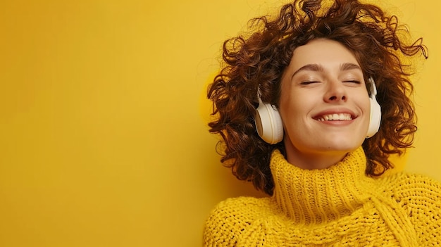 Photo of a Joyful Woman Immersed in Music on a Vibrant Yellow Background