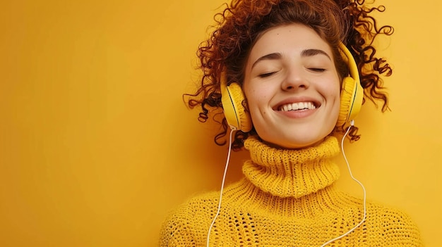 Photo of a Joyful Woman Immersed in Music on a Vibrant Yellow Background