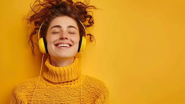 Photo of a Joyful Woman Immersed in Music on a Vibrant Yellow Background