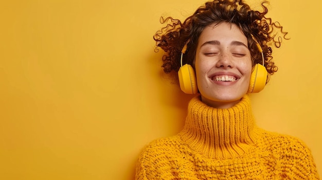 Photo of a Joyful Woman Immersed in Music on a Vibrant Yellow Background