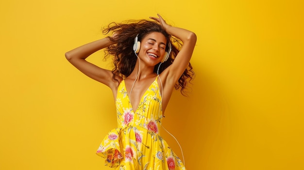 Photo of a Joyful Woman Immersed in Music on a Vibrant Yellow Background