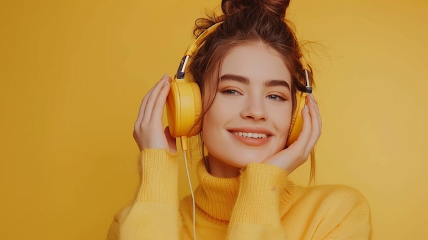 Photo of a Joyful Woman Immersed in Music on a Vibrant Yellow Background