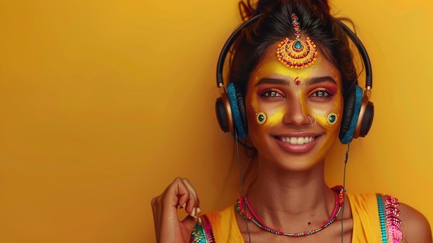 Photo of a Joyful Woman Immersed in Music on a Vibrant Yellow Background