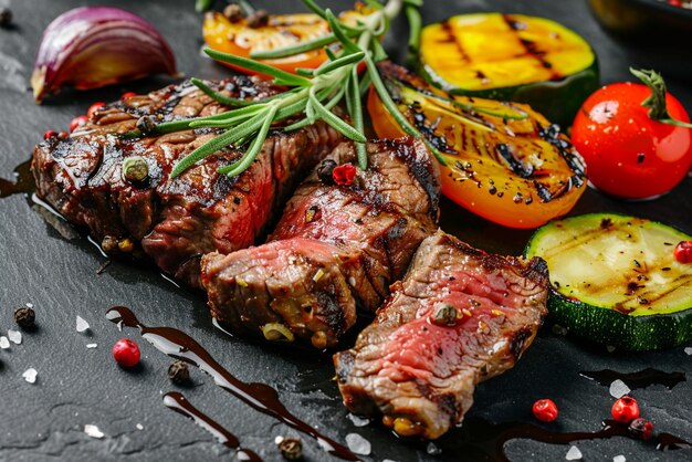 photo juicy steak medium rare beef with spices and grilled vegetables