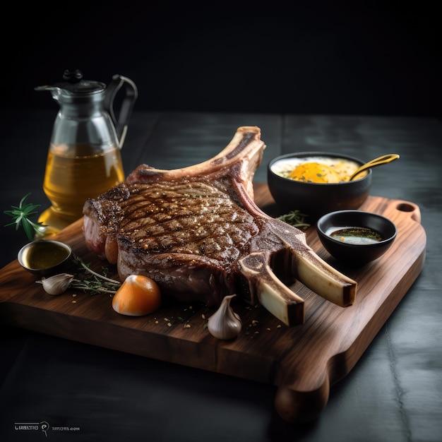 Photo of juicy steak on wooden board generative ai