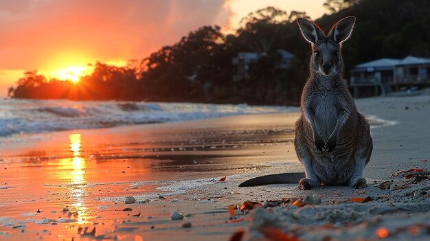 Photo photo of a kangaroo wallaby on the beach at sunrise in cape hillsborough national park