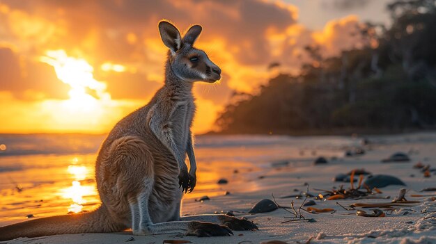 Photo photo of a kangaroo wallaby on the beach at sunrise in cape hillsborough national park