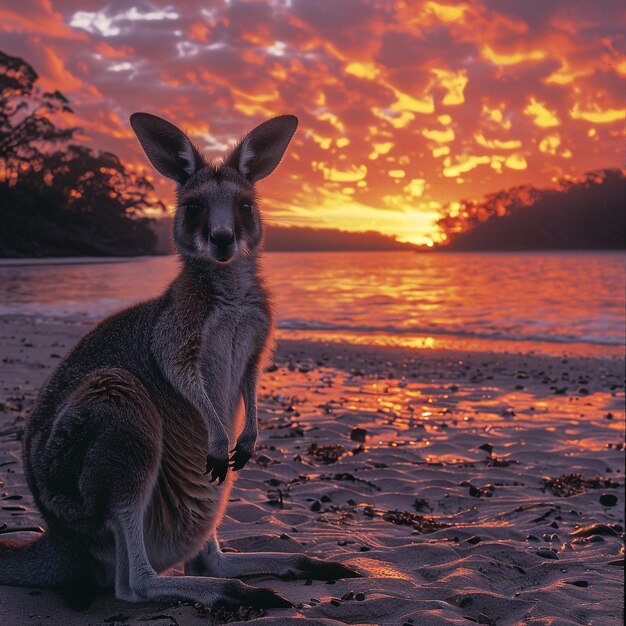 Photo photo of a kangaroo wallaby on the beach at sunrise in cape hillsborough national park