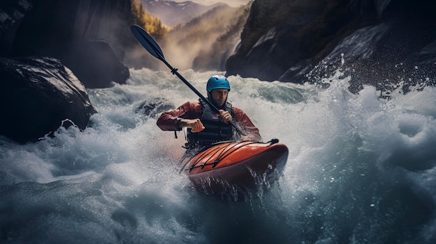 A Photo of a Kayaker Adventuring through Whitewater Rapids