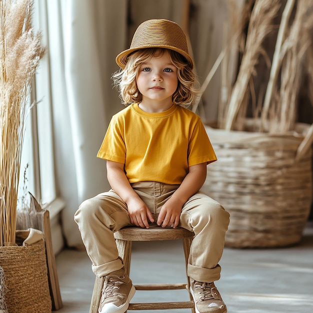 Photo photo of kids toddler wearing a plain white black tshirt mockup