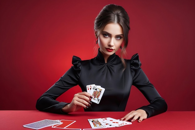 Photo photo of lady in black gown take playing cards for poker game isolated red color background