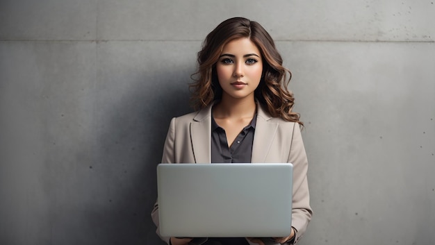 Photo lady standing with laptop on concrete wall background Ai Image