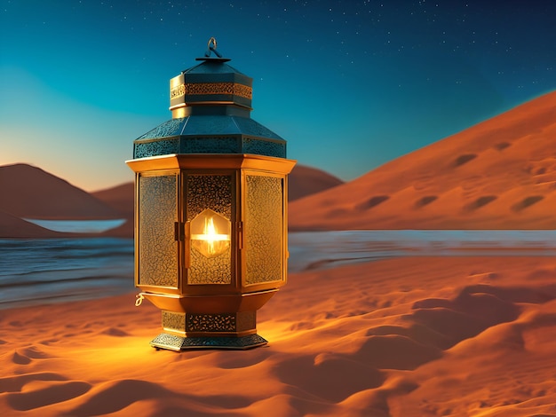 Photo a lantern in the desert with background for ramadhan