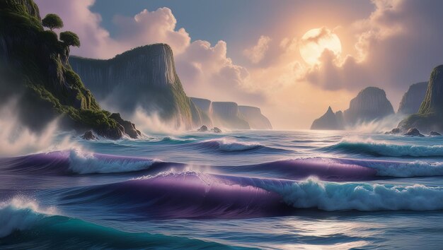 A Photo of Lavender Ocean Waves with Distant Cliffs and Blue Waters