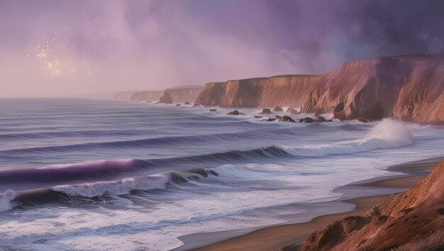 A Photo of Lavender Ocean Waves with Distant Cliffs and Blue Waters