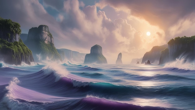 A Photo of Lavender Ocean Waves with Distant Cliffs and Blue Waters