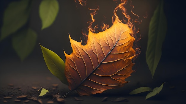 Photo of a leaf with the words fire on it