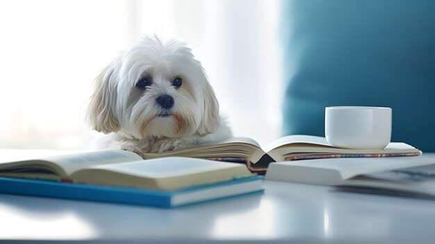 Photo of Lhasa apso sitting in the study with cups and stacks of books