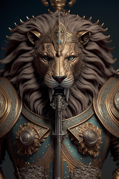 Photo lion king knight wearing gold armor isolated on black AI Generated